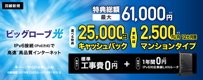 BIGLOBE光の総額最大61,000円の3大特典キャンペーン